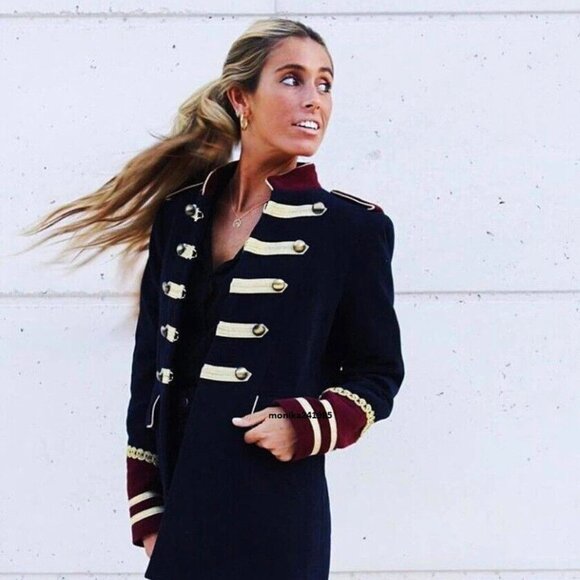 ZARA Velvet Military Jacket Navy Blue Velour Blazer Coat Rare - Picture 7 of 16